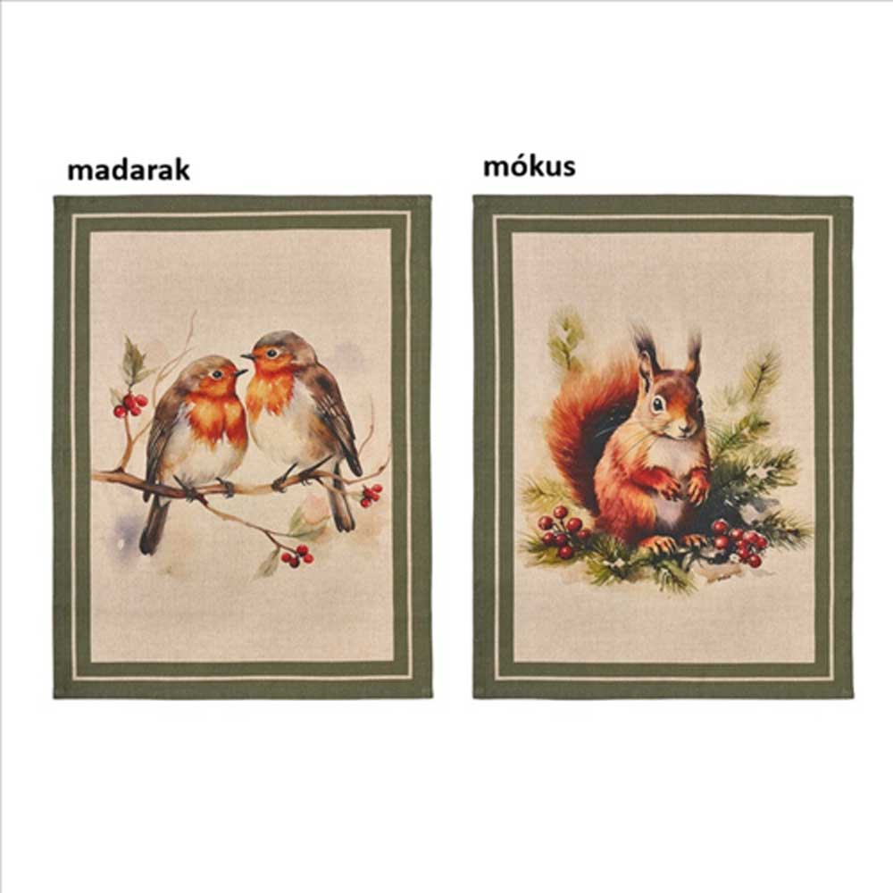 Mókus vagy madár mintás pamut konyharuha 50x70 cm Bosco incantato