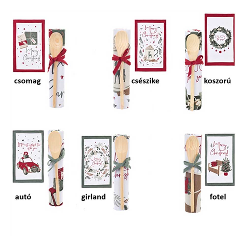 Karácsonyi ajándékszett pamut konyharuha és fakanál 6 féle