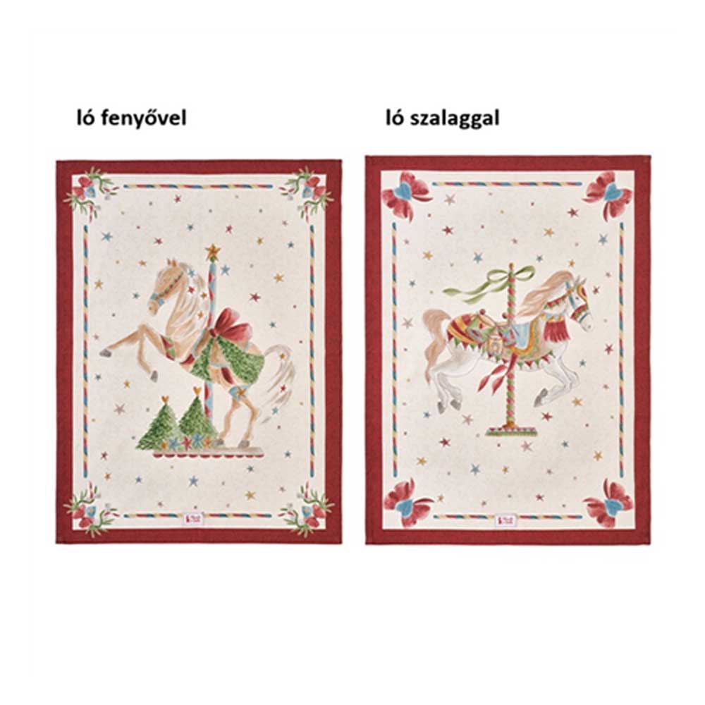 Karácsonyi hintalovas pamut konyharuha 50x70 cm Giostra 2 féle