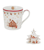 Mézeskalács mintás porcelán bögre 400 ml – Gingerbread House (fenyőfa alakú díszdobozban)