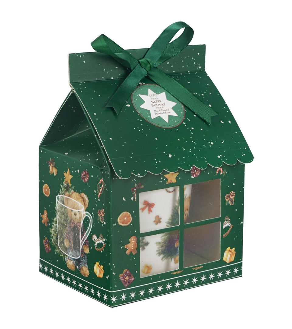 Karácsonyi macis porcelán bögre 360 ml – Teddy Noel (házikó alakú díszdobozban)