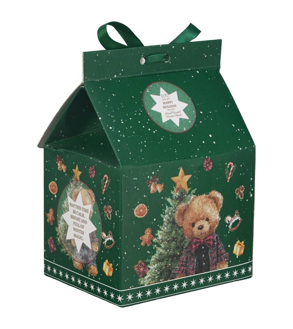 Karácsonyi macis porcelán bögre 360 ml – Teddy Noel (házikó alakú díszdobozban)