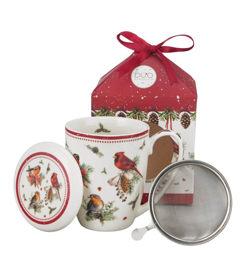 Madármintás porcelán teásbögre tetővel és fémszűrővel 360 ml – Birds of Winter (díszdobozban)