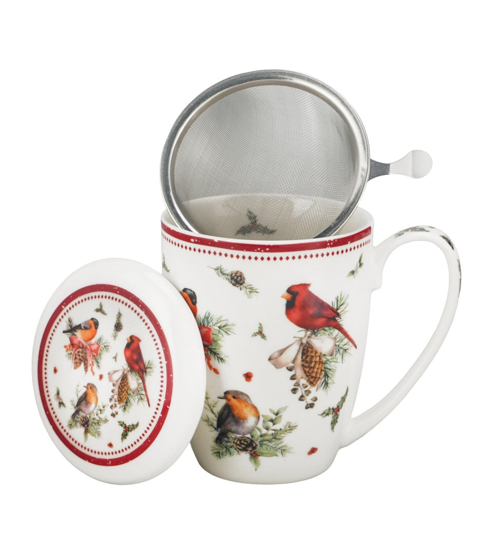Madármintás porcelán teásbögre tetővel és fémszűrővel 360 ml – Birds of Winter (díszdobozban)