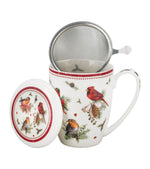 Madármintás porcelán teásbögre tetővel és fémszűrővel 360 ml – Birds of Winter (díszdobozban)