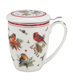Madármintás porcelán teásbögre tetővel és fémszűrővel 360 ml – Birds of Winter (díszdobozban)