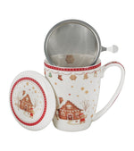 Mézeskalács mintás porcelán teásbögre tetővel és fémszűrővel 360 ml – Gingerbread House (házikó alakú díszdobozban)