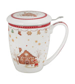 Mézeskalács mintás porcelán teásbögre tetővel és fémszűrővel 360 ml – Gingerbread House (házikó alakú díszdobozban)