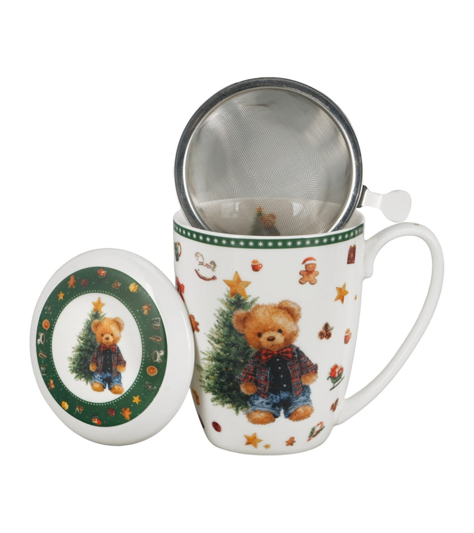 Karácsonyi macis porcelán teásbögre tetővel és fémszűrővel 360 ml – Teddy Noel (díszdobozban)