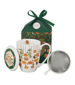 Téli gyümölcsös porcelán teásbögre tetővel és fémszűrővel 360 ml – Winter Fruits (díszdobozban)