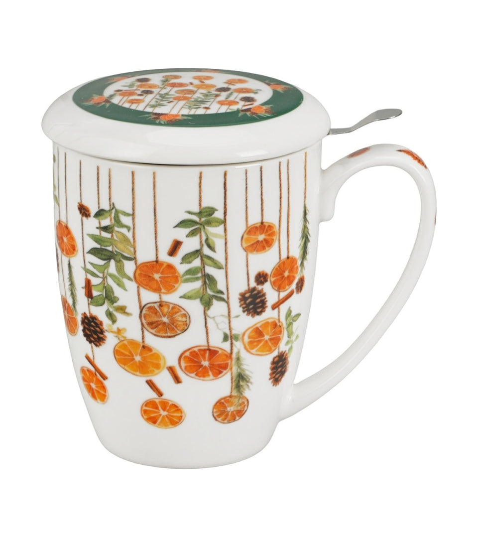 Téli gyümölcsös porcelán teásbögre tetővel és fémszűrővel 360 ml – Winter Fruits (díszdobozban)