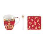 Karácsonyi mézeskalács figurás porcelán bögre kanállal alátéttel