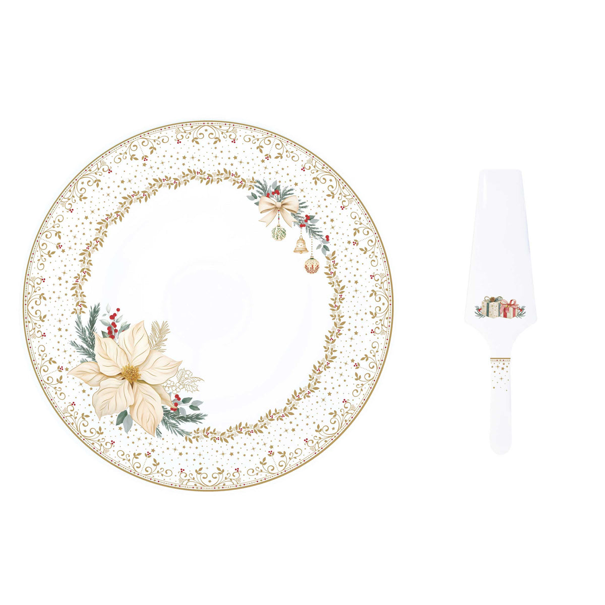Karácsonyi porcelán tortatál lapáttal 32 cm díszdobozban White Elegance