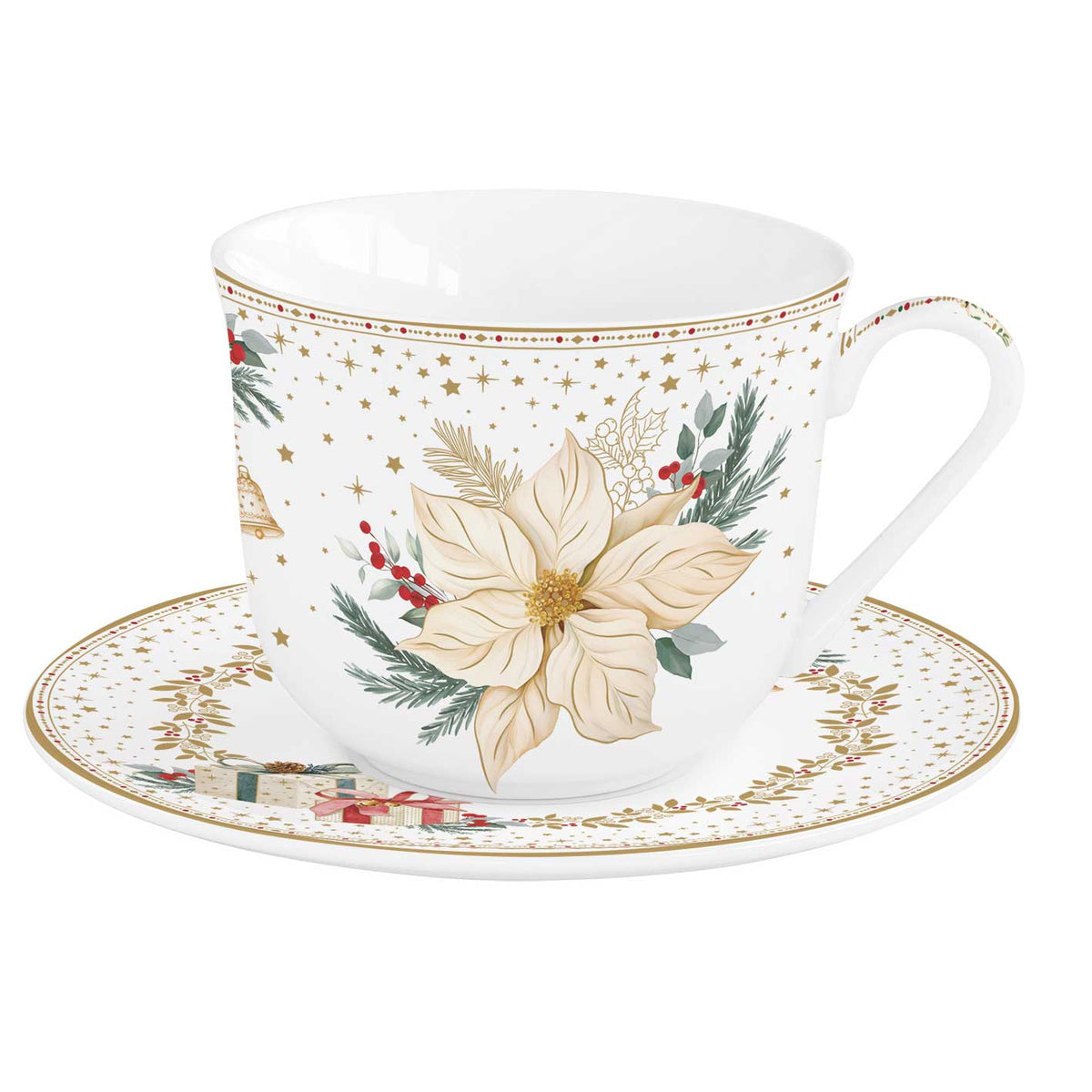 Karácsonyi porcelán nagy reggeliző csésze díszdobozban White Elegance