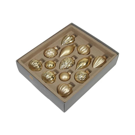 Karácsonyfagömb válogatás, csepp alakú, dombor mintás 3/4/5/7 cm (13 db-os szett) – arany, üveg