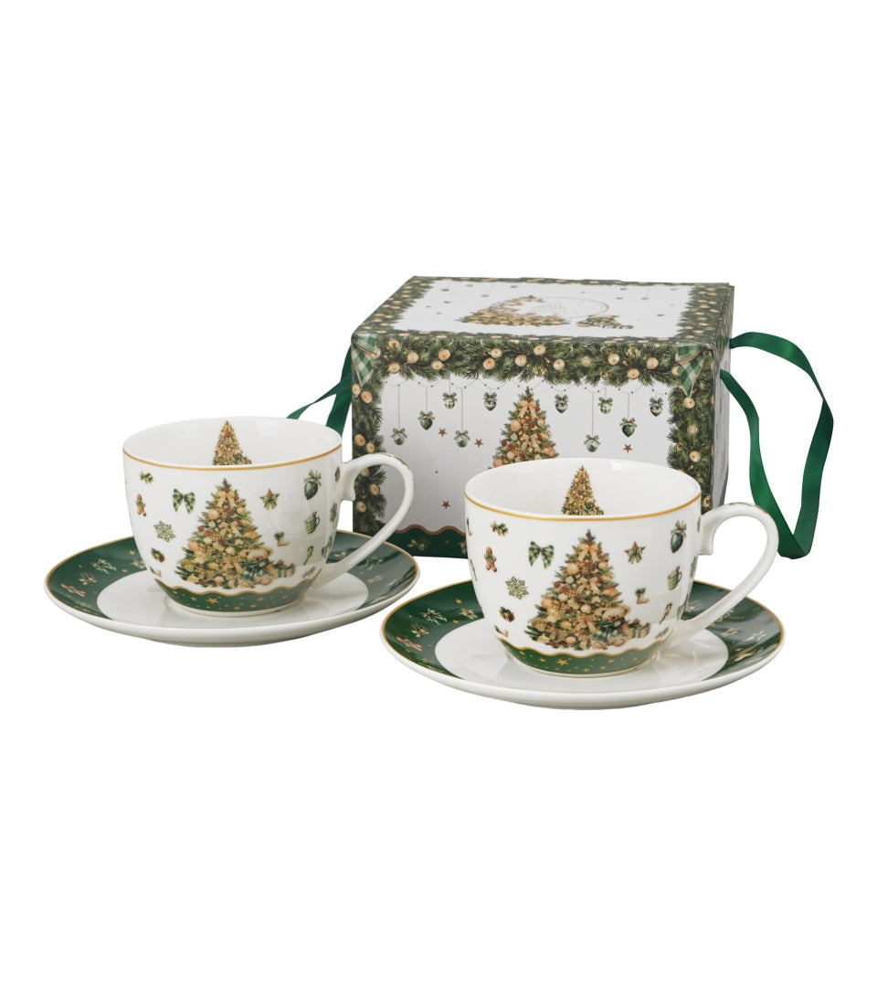Karácsonyfás porcelán csésze aljjal, 2 személyes szett 270 ml – Tree Sparkle (díszdobozban)