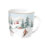 Porcelán karácsonyi bögre fém díszdobozban síelés motívummal