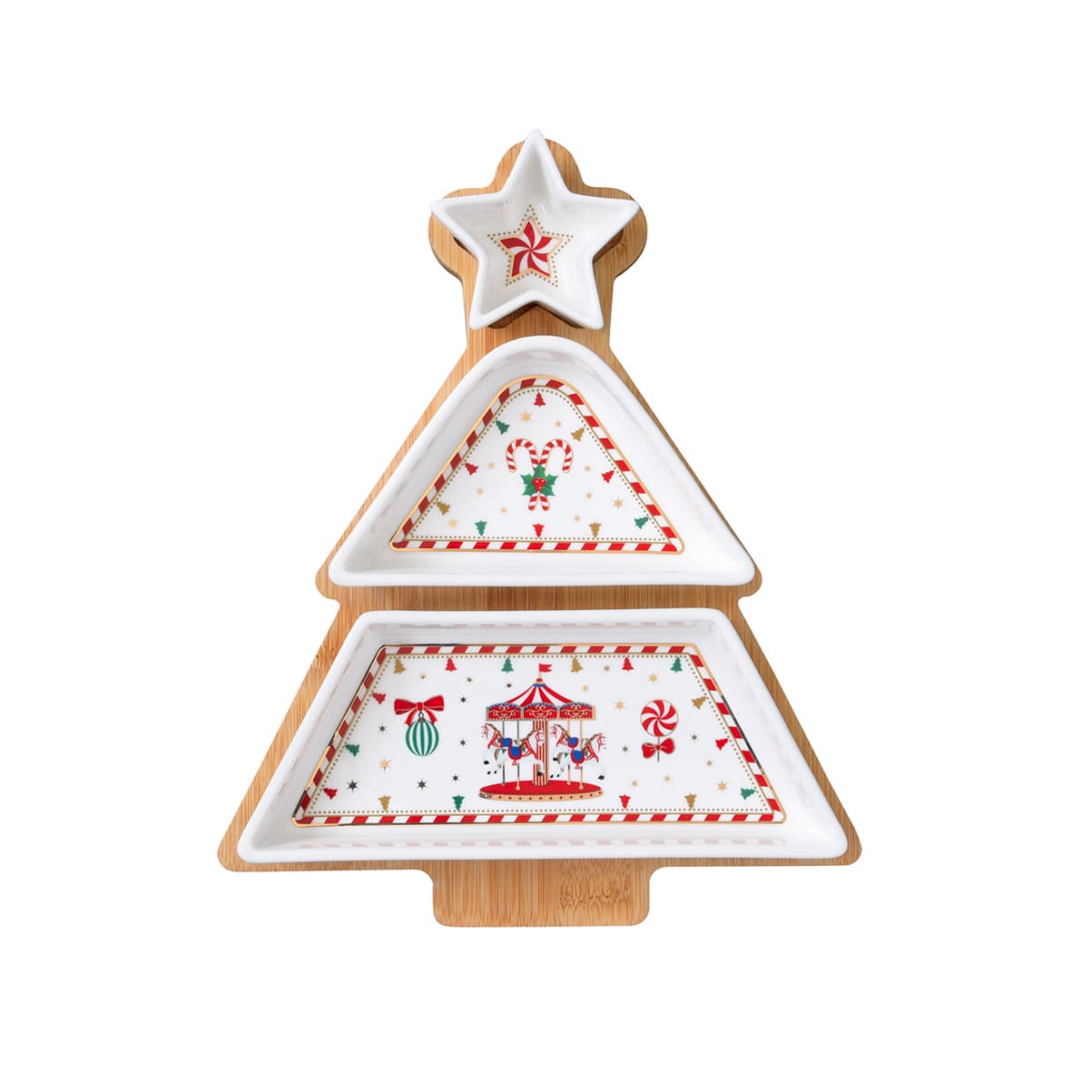 Christmas Wonderland karácsonyi fenyőfa alakú porcelán kínáló tál három részes