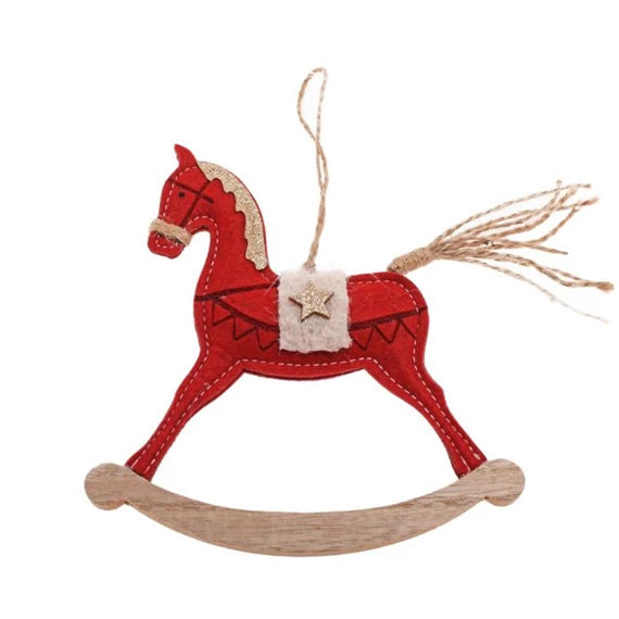 Karácsonyfadísz – hintaló glitteres, akasztós 16 cm – piros, krém, filc
