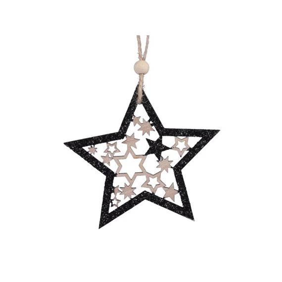 Karácsonyfadísz – csillag glitteres, akasztós 9,5 cm (6 db-os szett) – fekete