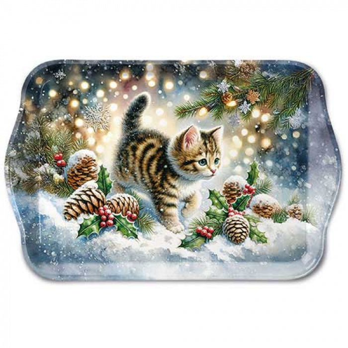 Cute cat in the snow karácsonyi tálca 13x21cm