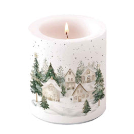 Karácsonyi havas házak mintás gyertya közepes Ø 10x10 cm Snowy Houses
