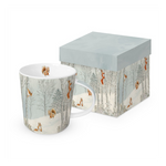 Karácsonyi porcelán bögre díszdobozban mókus havas erdőben