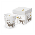 Karácsonyi porcelán bögre díszdobozban szarvas silhouette csillagokkal