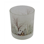 Karácsonyi fehér üveg mécsestartó házikóval fenyős tájon 8,5x8,5x10 cm