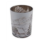 Karácsonyi fehér üveg mécsestartó házikóval hegyi tájon nagy