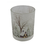 Karácsonyi fehér üveg mécsestartó házikóval fenyős tájon nagy