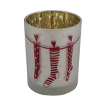 Karácsonyi üveg mécsestartó piros zoknis nagy