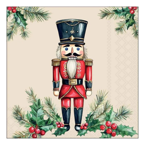 Karácsonyi szalvéta – Wooden nutcracker cream, 33x33 cm, 20 db-os