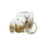 Porcelán szarvas mintás bögre tetővel fémszűrővel 400 ml dobozban Deer