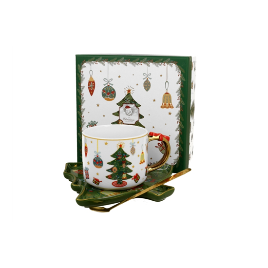 Karácsonyi porcelán csésze 250 ml fenyőtálcával és kanállal dobozban Around Christmas Tree