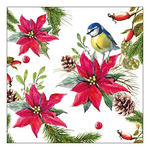 Bird on Poinsettia white karácsonyi szalvéta 33x33cm 20 db-os
