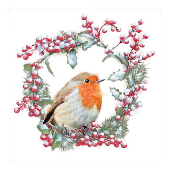 Robin In Wreath karácsonyi szalvéta 33x33cm 20 db-os