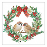 Sparrows in wreath karácsonyi szalvéta 33x33cm 20 db-os