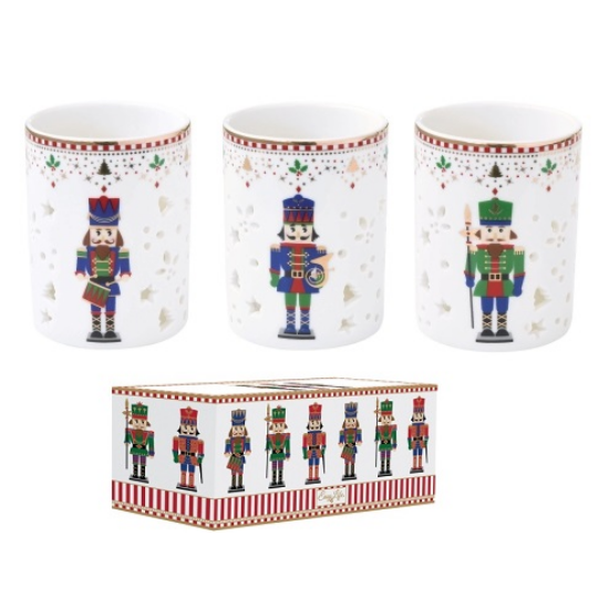 Karácsonyi porcelán diótörő mintás mécsestartó pohár 3 db-os szett díszdobozban Nutcrackers