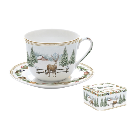 Karácsonyi porcelán szarvas mintás nagy reggeliző csésze 400 ml díszdobozban White Forest