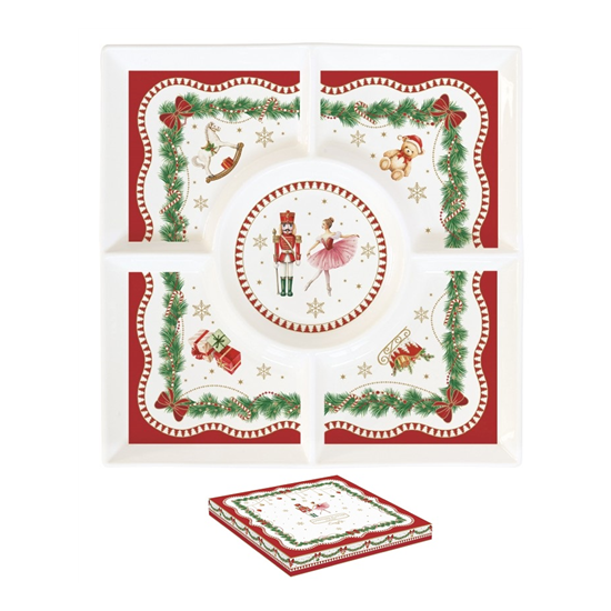 Karácsonyi porcelán osztott kínálótálca 25x25 cm díszdobozban Magie de Noel