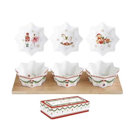 Karácsonyi porcelán csillagtálka szett 3 db-os bambusztálcán díszdobozban Magie de Noel