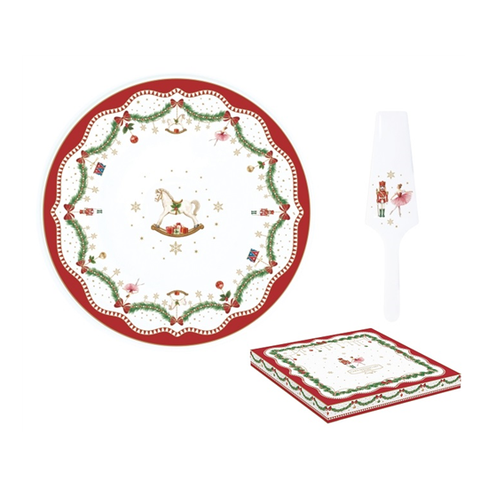 Karácsonyi porcelán tortatál lapáttal 32 cm díszdobozban Magie de Noel