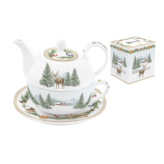 Karácsonyi porcelán szarvas mintás egyszemélyes teáskészlet díszdobozban White Forest