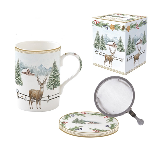 Karácsonyi porcelán szarvas mintás bögre tetővel fém szűrővel White Forest