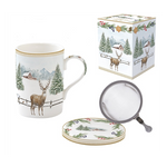 Karácsonyi porcelán szarvas mintás bögre tetővel fém szűrővel White Forest