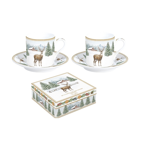 Karácsonyi porcelán szarvas mintás eszpresszó kávés csésze 2 személyes díszdobozban White Forest