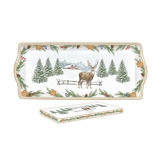 Karácsonyi porcelán szarvas mintás kínáló tál díszdobozban White Forest 35x15 cm