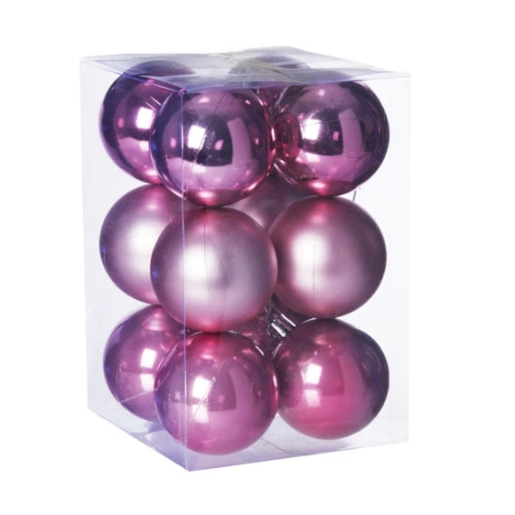Karácsonyfagömb dobozban 6 cm 3 féle (12 db-os szett) – rózsaszín, műanyag – DD51244