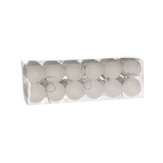Karácsonyfagömb dobozban, glitteres 3 cm (24 db-os szett) – fehér, glitteres, műanyag